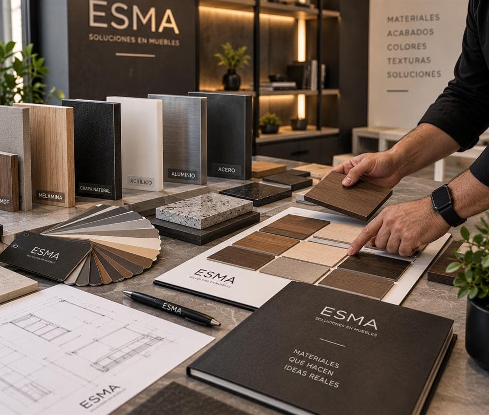 Muestras físicas de MDF, melamina, acrílico, aluminio y acero
